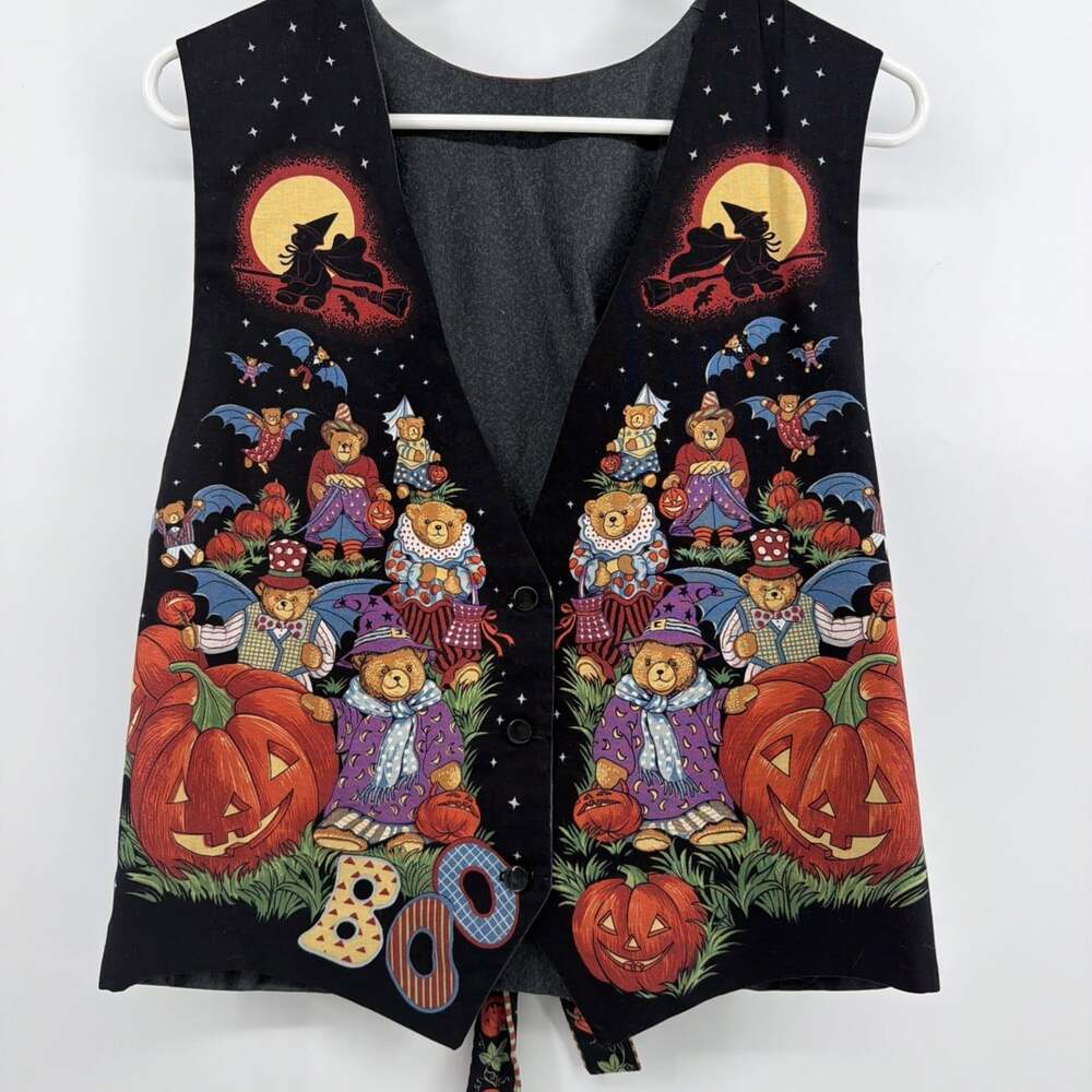 Vintage 90s Halloween Womens Vest Handmade Bears Pumpkins Witch Bats Tie Back